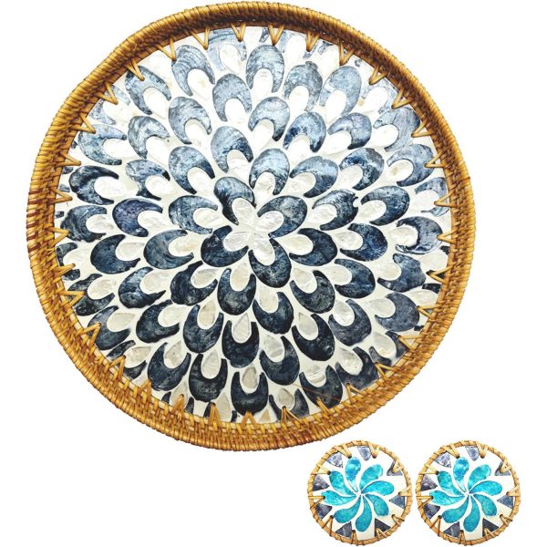 Rattan serving tray with grey and white mother of pearl floral inlay and two small blue floral coasters