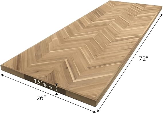 Acacia patterned countertop dimension guide showing 72-inch length, 26-inch width and 1.5-inch thickness