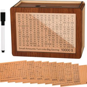 Wooden money saving box with a clear front, a numbered savings goal card, a top deposit slot and additional goal cards