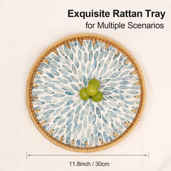 Round rattan tray size guide showing an 11.8 inch or 30 cm diameter and blue leaf inlay