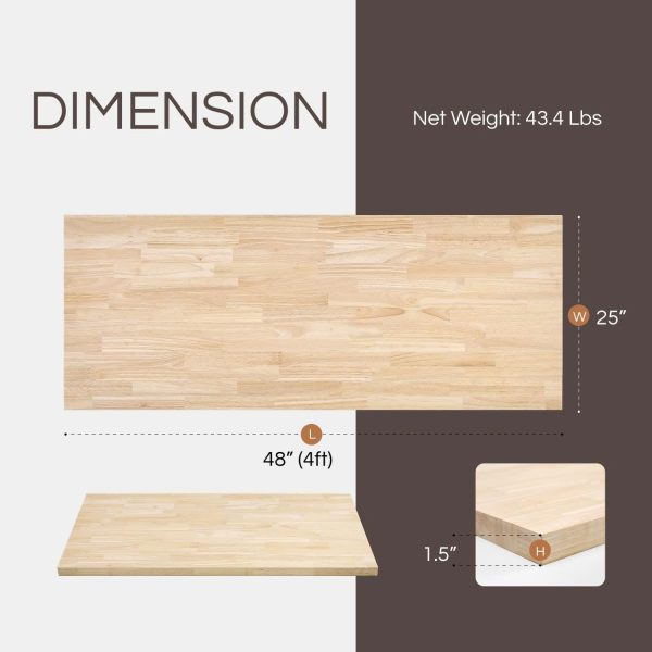 Rubberwood countertop dimension guide showing 48-inch length, 25-inch width and 1.5-inch thickness