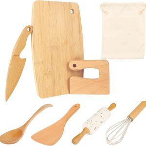 Montessori kitchen tools set with two wooden knives, cutting board, spoon, spatula, whisk, rolling pin and storage bag
