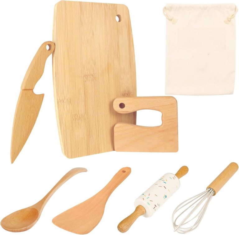 Montessori kitchen tools set with two wooden knives, cutting board, spoon, spatula, whisk, rolling pin and storage bag