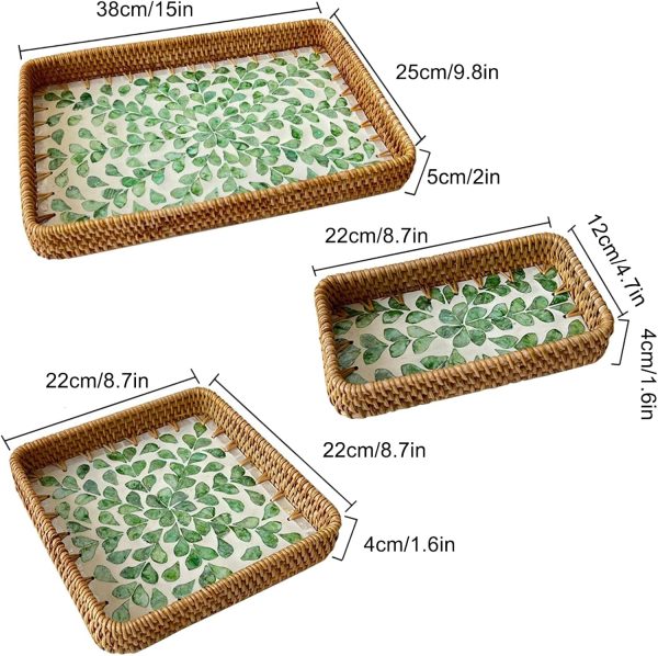Rattan shell tray sizes: large 38 x 25 x 5 cm, narrow 22 x 12 x 4 cm and square 22 x 22 x 4 cm