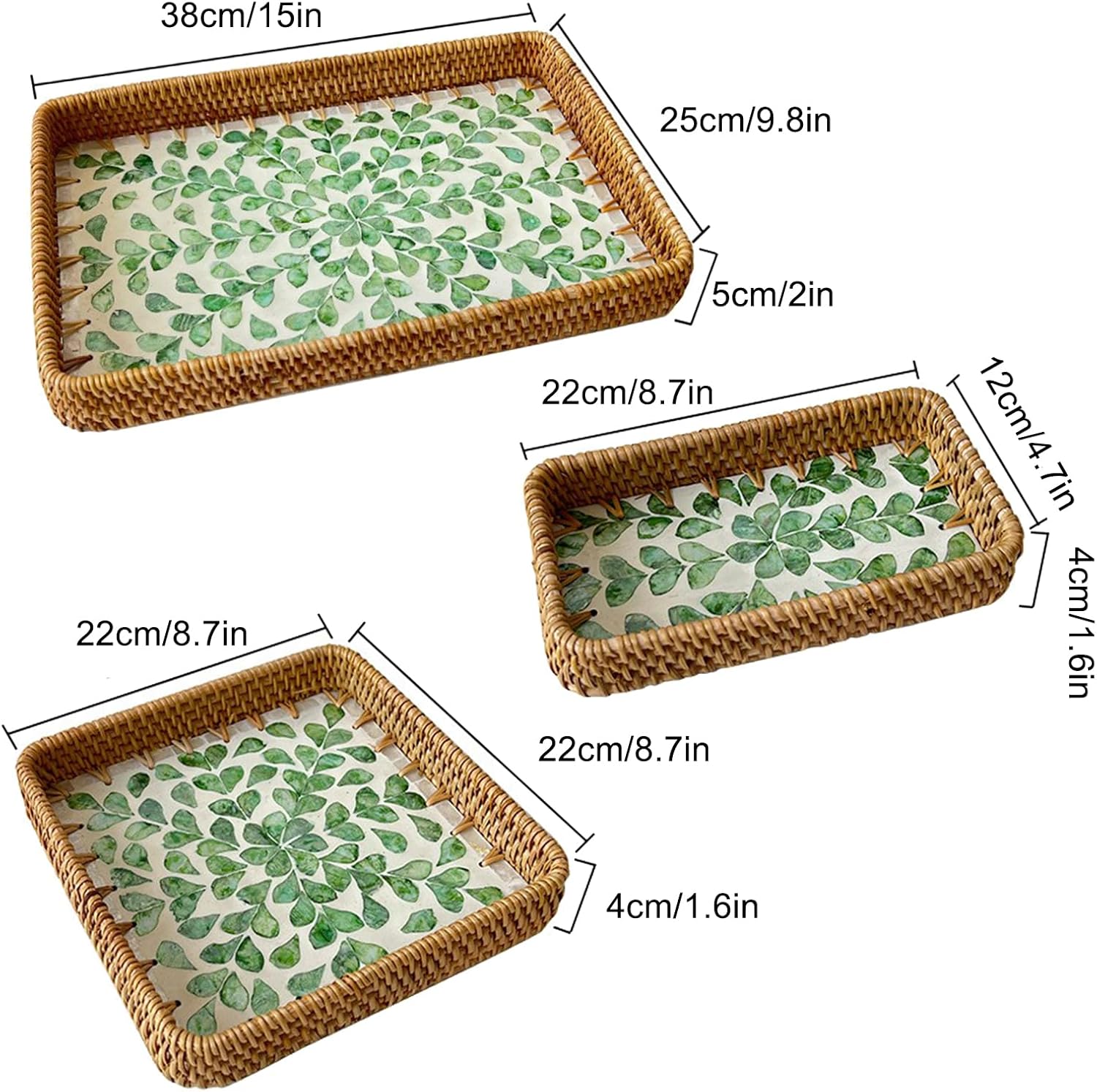 Rattan shell tray sizes: large 38 x 25 x 5 cm, narrow 22 x 12 x 4 cm and square 22 x 22 x 4 cm