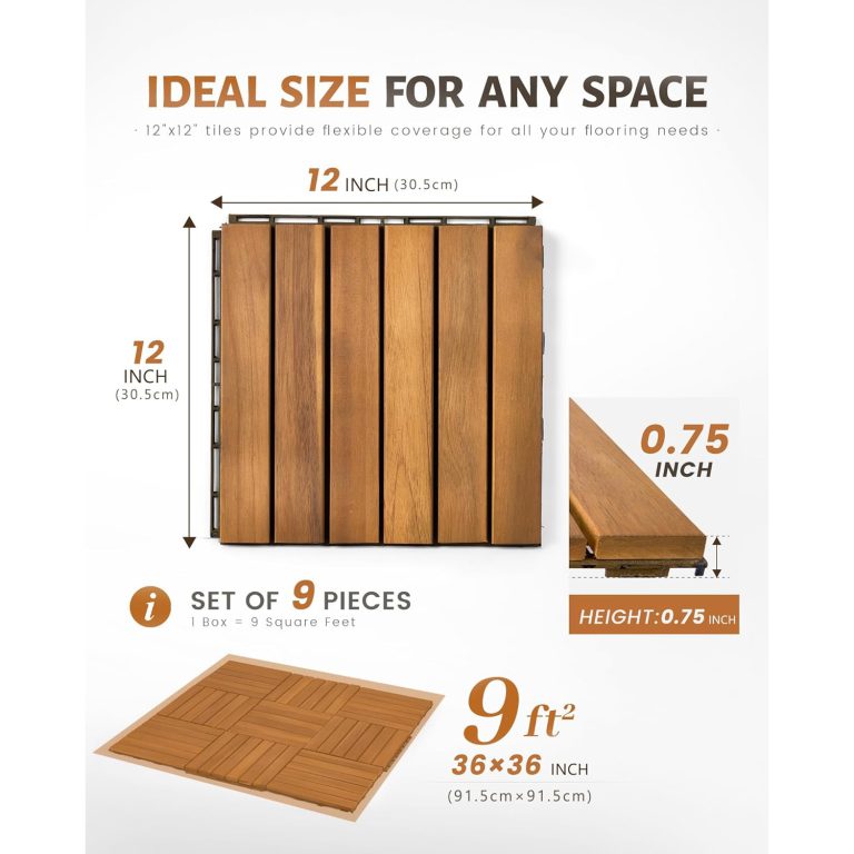 Deck tile size diagram showing 12 x 12 inches, 0.75 inch height and nine-piece coverage