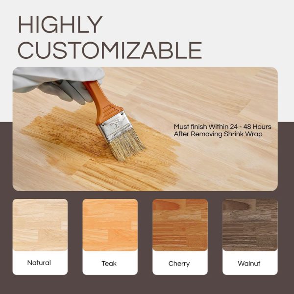 Brush applying finish to a rubberwood panel above illustrative natural, teak, cherry and walnut color samples