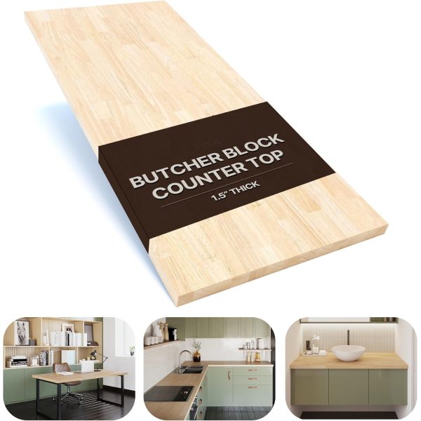 Light colored rubberwood butcher block countertop panel with a 1.5-inch thickness label and three application insets