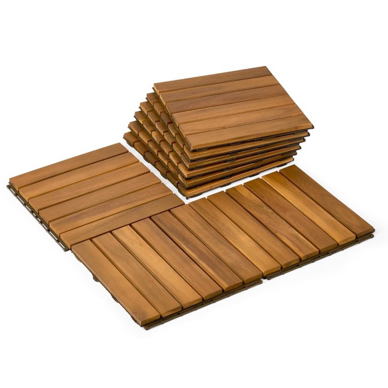 Acacia wood interlocking deck tiles with parallel slats and black snap-fit bases