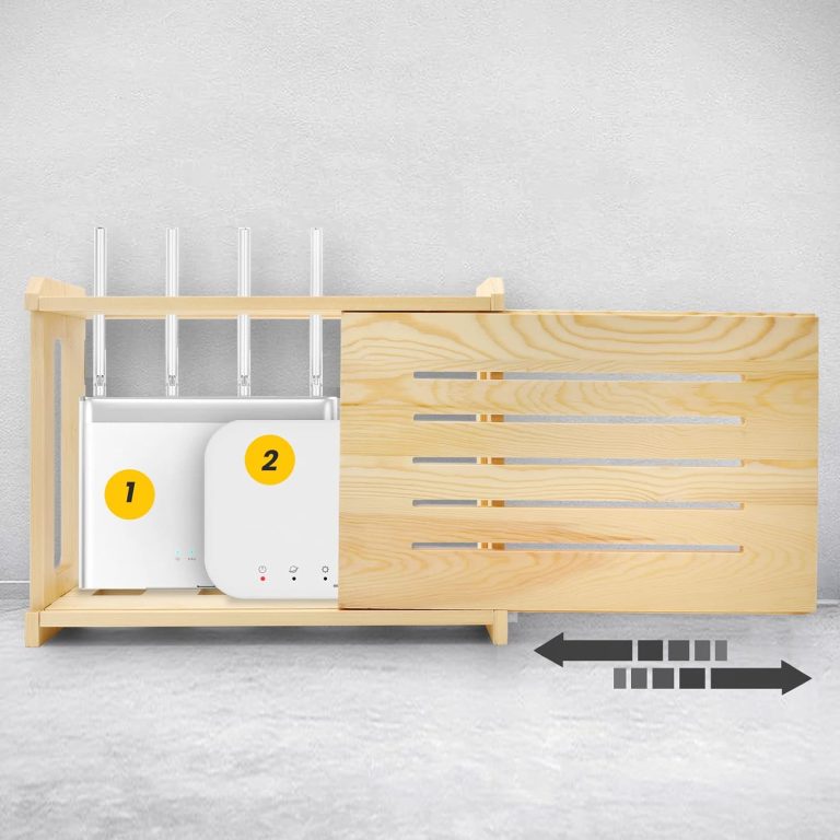 Wooden router box with its slotted front panel slid aside to reveal two networking devices
