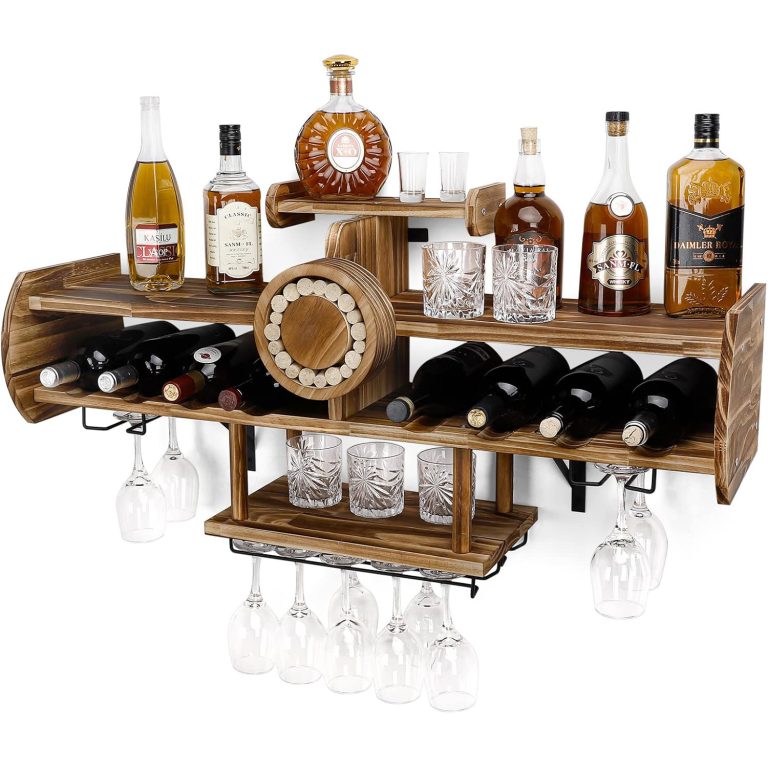 Wooden airplane shape wine rack with eight bottle grooves, shelves and hanging glass holders