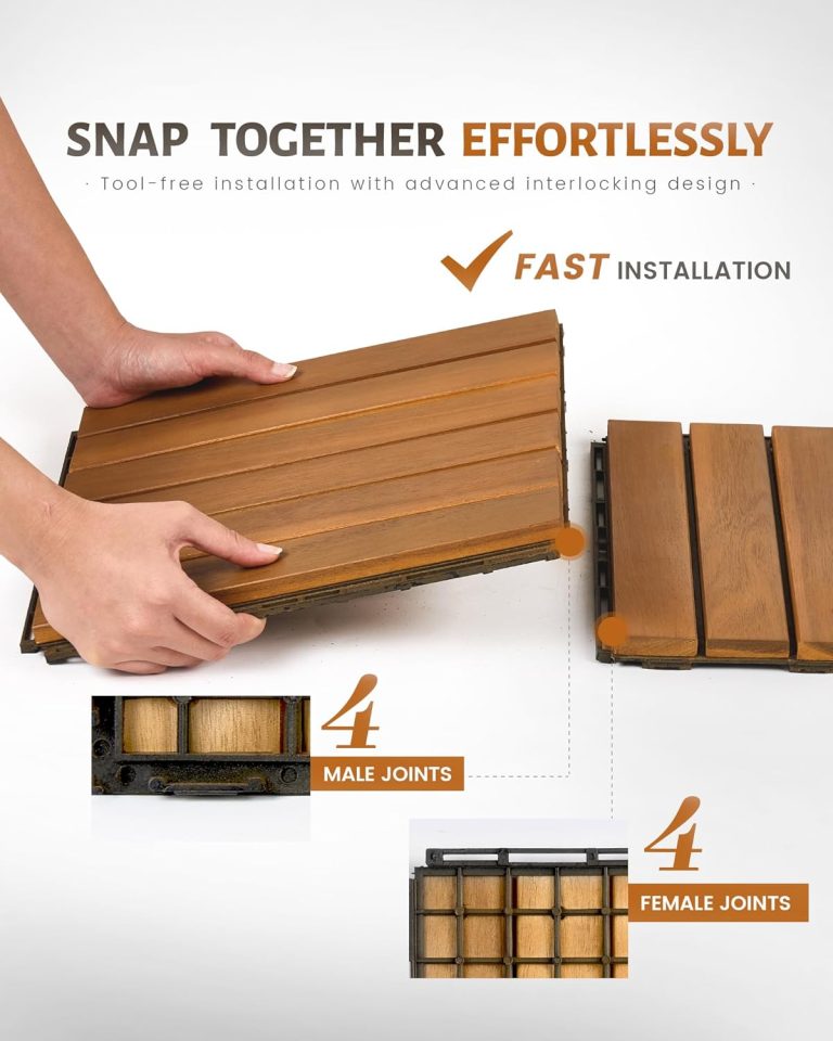 Hands aligning the edge connectors of two acacia wood interlocking deck tiles