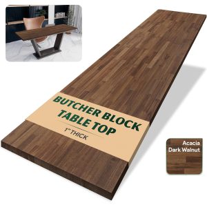 Dark walnut stained acacia butcher block table top with a 1-inch thickness label and a small desk installation inset