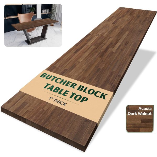 Dark walnut stained acacia butcher block table top with a 1-inch thickness label and a small desk installation inset