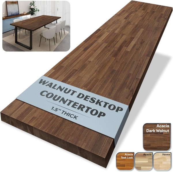 Dark walnut-tone acacia countertop panel labelled 1.5 inches thick with a dining table example