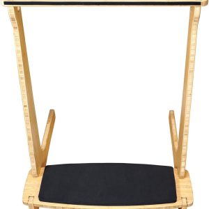 Paddleboard storage rack with two wood-grain side frames, long feet, a black base pad and a narrow black upper strip on a white background