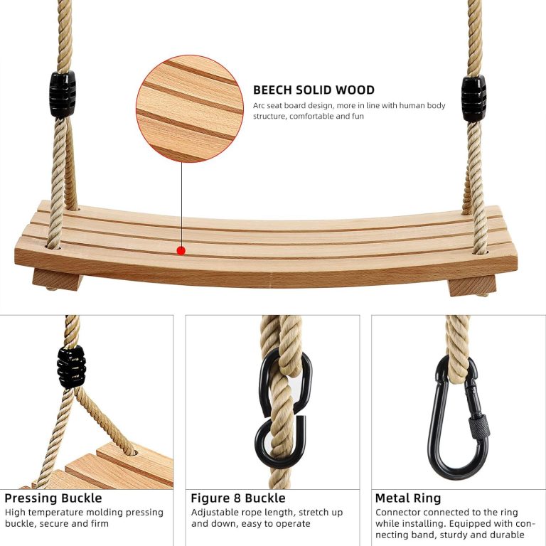 Detail collage of a curved wood swing seat with rope junction fittings, figure-eight rope adjusters and a metal clip