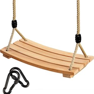 Wood tree swing seat with four curved wooden slats, beige ropes, black rope fittings and two metal clips