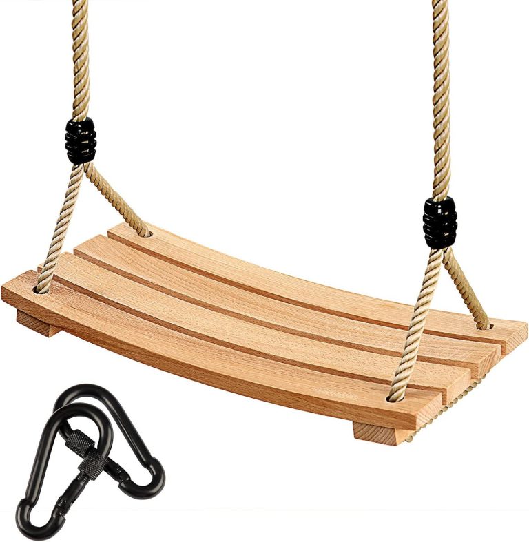 Wood tree swing seat with four curved wooden slats, beige ropes, black rope fittings and two metal clips