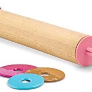 Adjustable baking rolling pin with a wooden barrel, removable cream handles and colored thickness rings shown apart