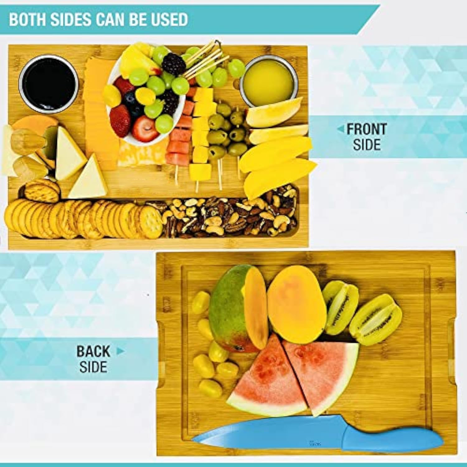 Two-sided bamboo board graphic showing a cheese serving layout on the front and fruit on the grooved back
