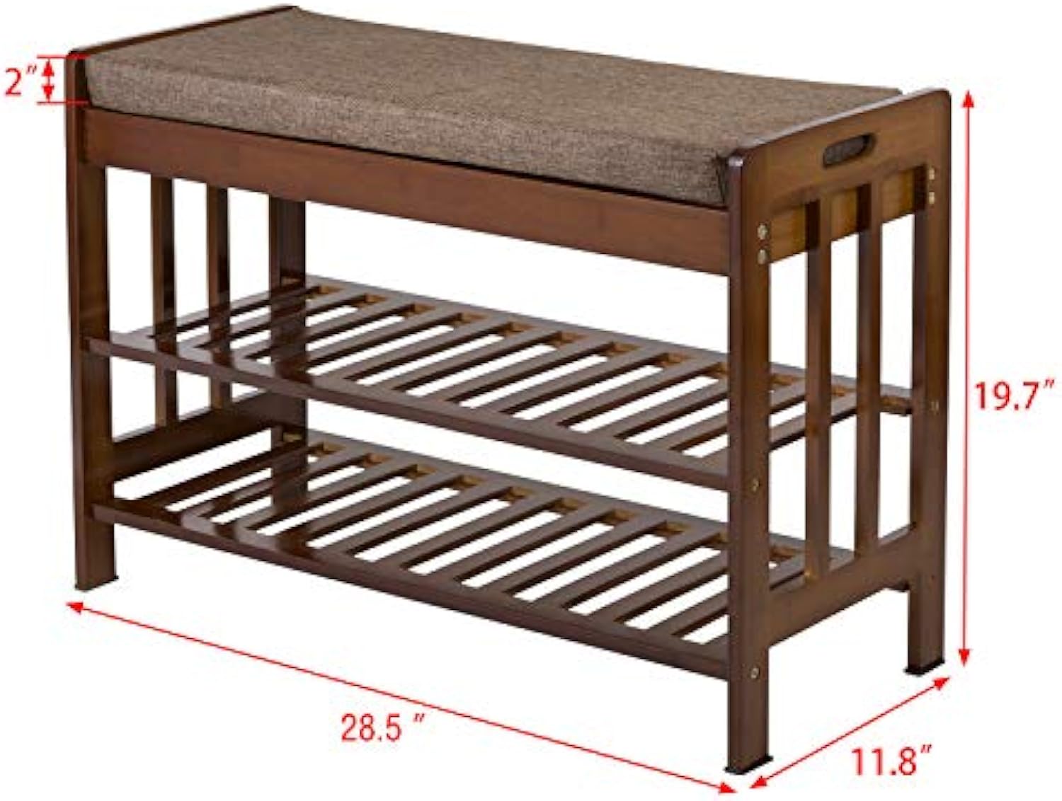 Cushioned shoe bench dimension diagram labeled 28.5 inches wide, 11.8 inches deep and 19.7 inches high