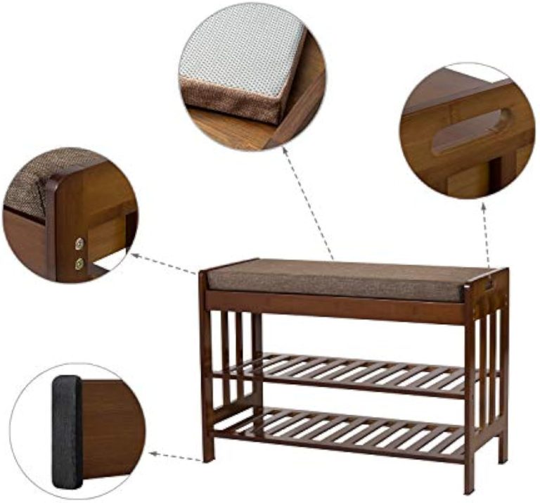 Shoe bench detail collage showing the cushion underside, side handhold, frame fasteners and a dark foot pad