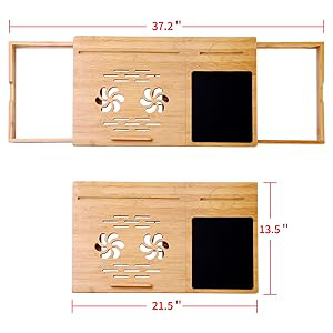 Treadmill desk diagram labeled 21.5 inches wide and 13.5 inches deep, with extended width of 37.2 inches