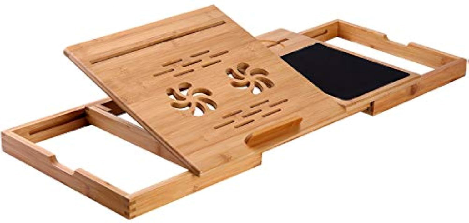 Bamboo treadmill laptop stand with a raised ventilated panel, front ledge, black mouse pad and extended side frames