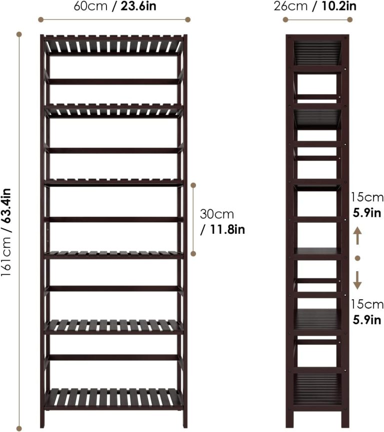 Bamboo bookcase dimension diagram showing 60 cm width, 26 cm depth and 161 cm height