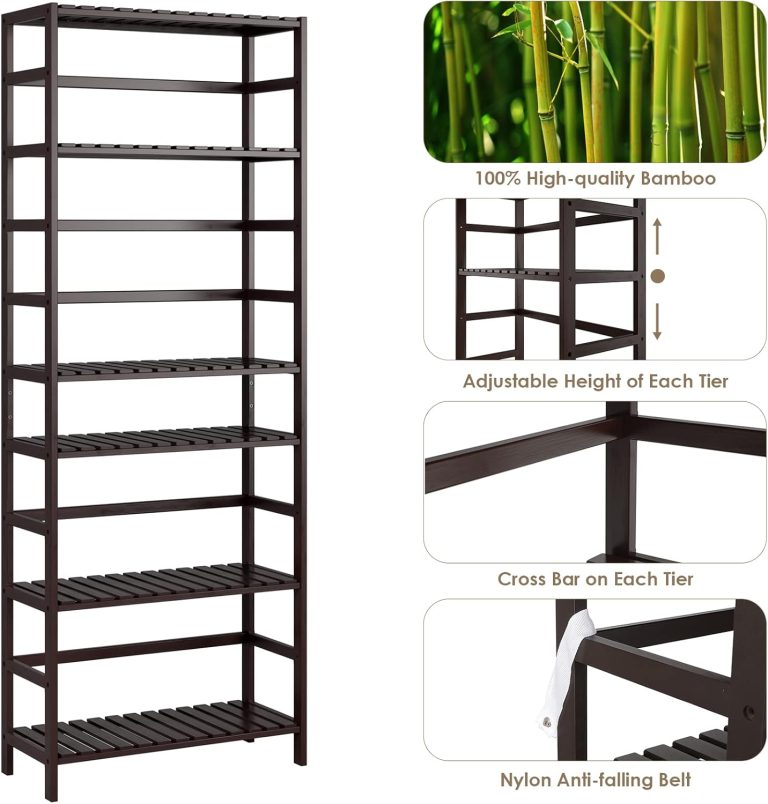 Bamboo bookcase detail graphic showing adjustable shelf positions, rear crossbars and a wall restraint strap