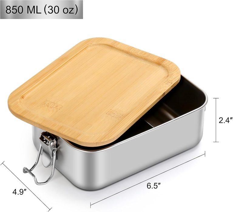 Bento box dimension graphic showing 850 ml capacity and measurements of 6.5 by 4.9 by 2.4 inches