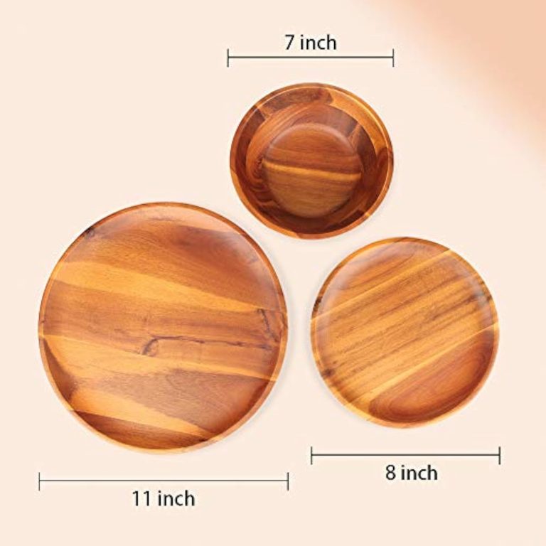 Wooden dinnerware size chart showing an 11-inch dinner plate, 8-inch appetizer plate and 7-inch bowl