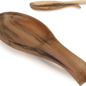 Walnut wooden spoon rest with a recessed bowl and curved handle support, shown with a spoon in an inset