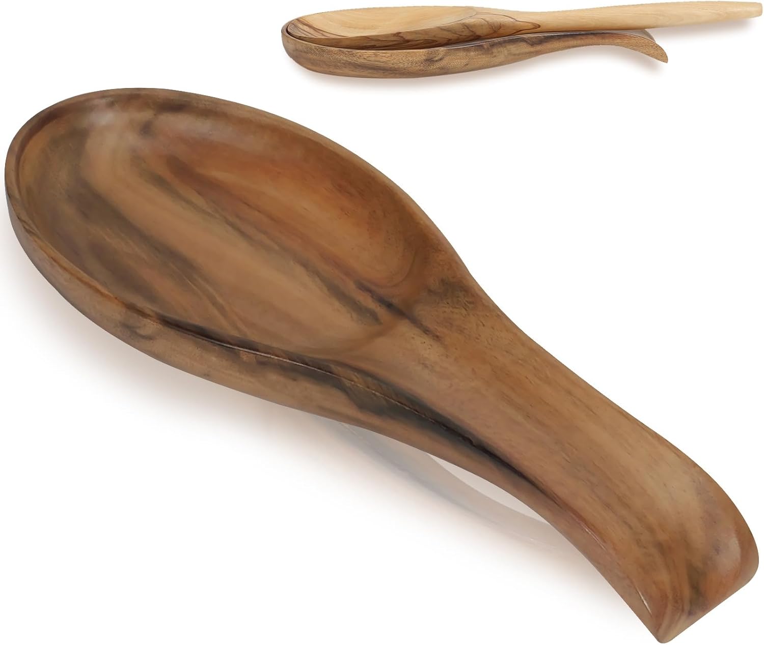 Walnut wooden spoon rest with a recessed bowl and curved handle support, shown with a spoon in an inset