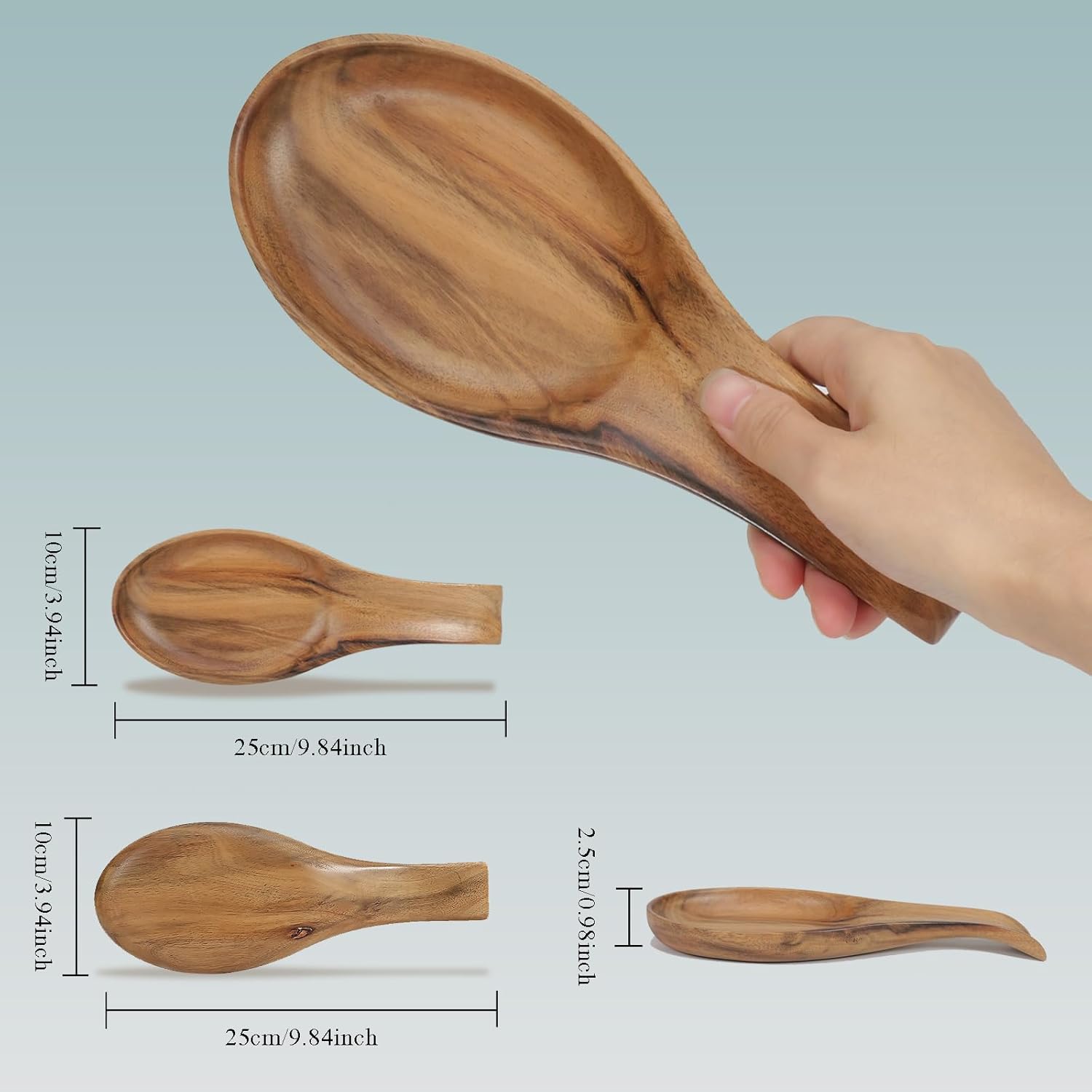 Wooden spoon rest reference diagram showing 25 cm length, 10 cm width and 2.5 cm height