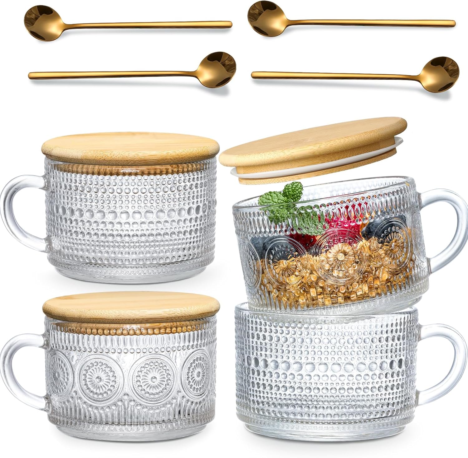 Four embossed vintage glass coffee mugs with bamboo lids and four gold-tone metal spoons