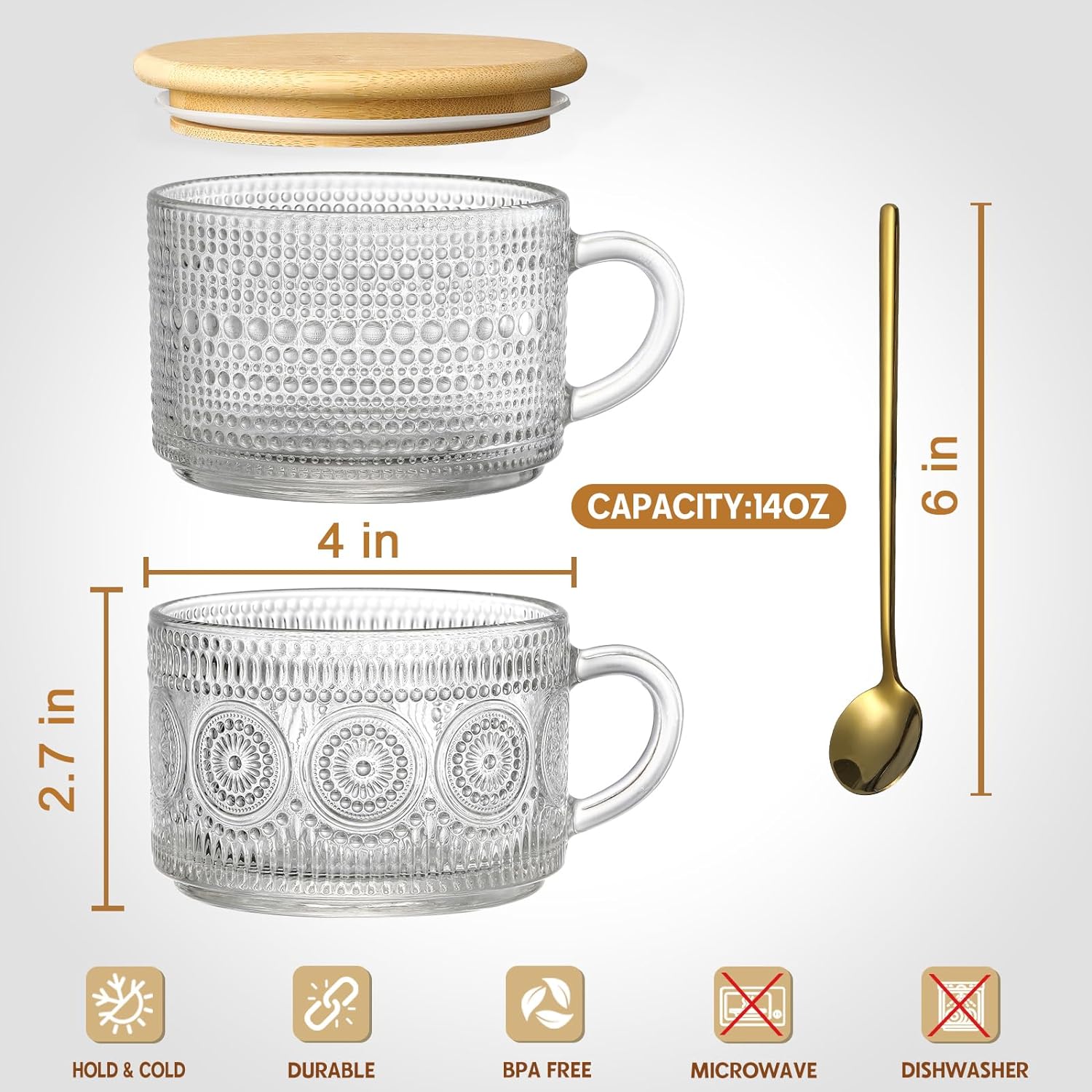 Vintage glass mug size graphic showing 14 oz capacity, 4-inch cup width, 2.7-inch height and a 6-inch spoon
