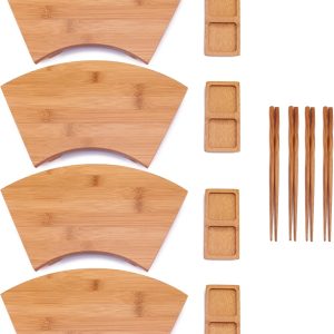Bamboo sushi plate set with four fan-shaped trays, four divided sauce dishes and four pairs of chopsticks