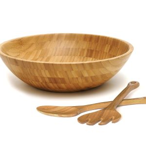 Bamboo wood salad bowl with a matching spoon-style server and fork-style server