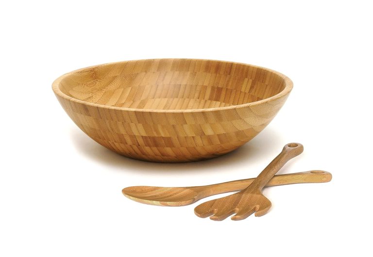 Bamboo wood salad bowl with a matching spoon-style server and fork-style server