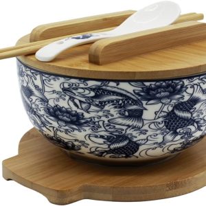 Blue-and-white ceramic ramen bowl with fish pattern, bamboo lid, trivet, chopsticks and ceramic spoon