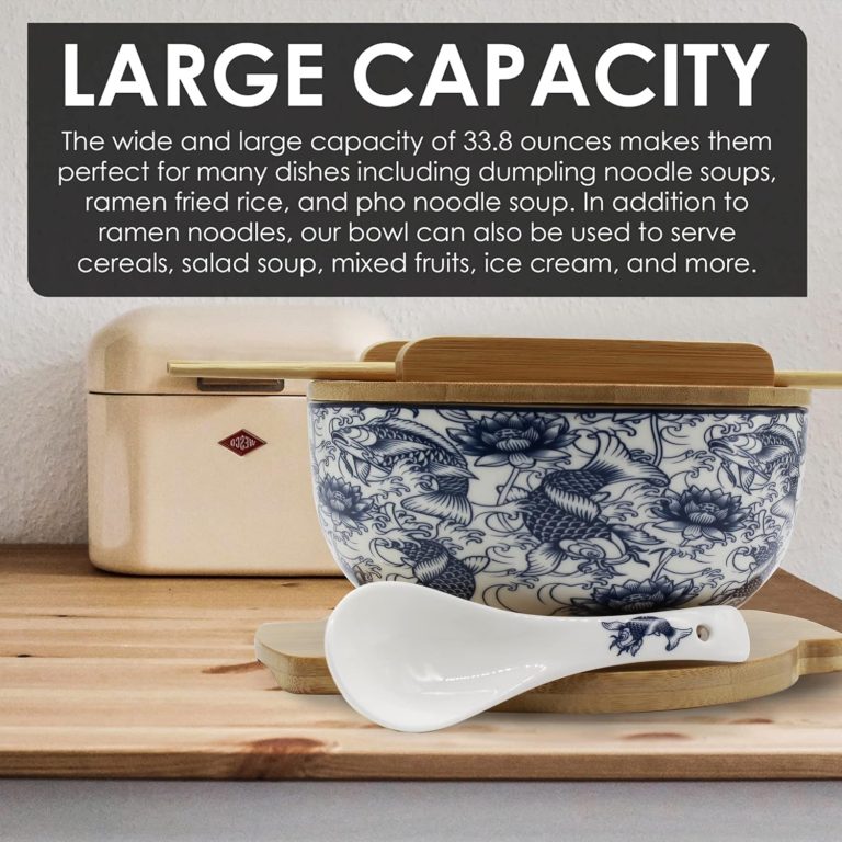 Fish-pattern ceramic ramen bowl with a capacity graphic stating 33.8 ounces