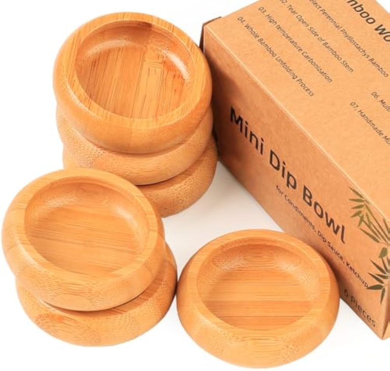 Six small round bamboo dipping bowls stacked beside a Mini Dip Bowl box