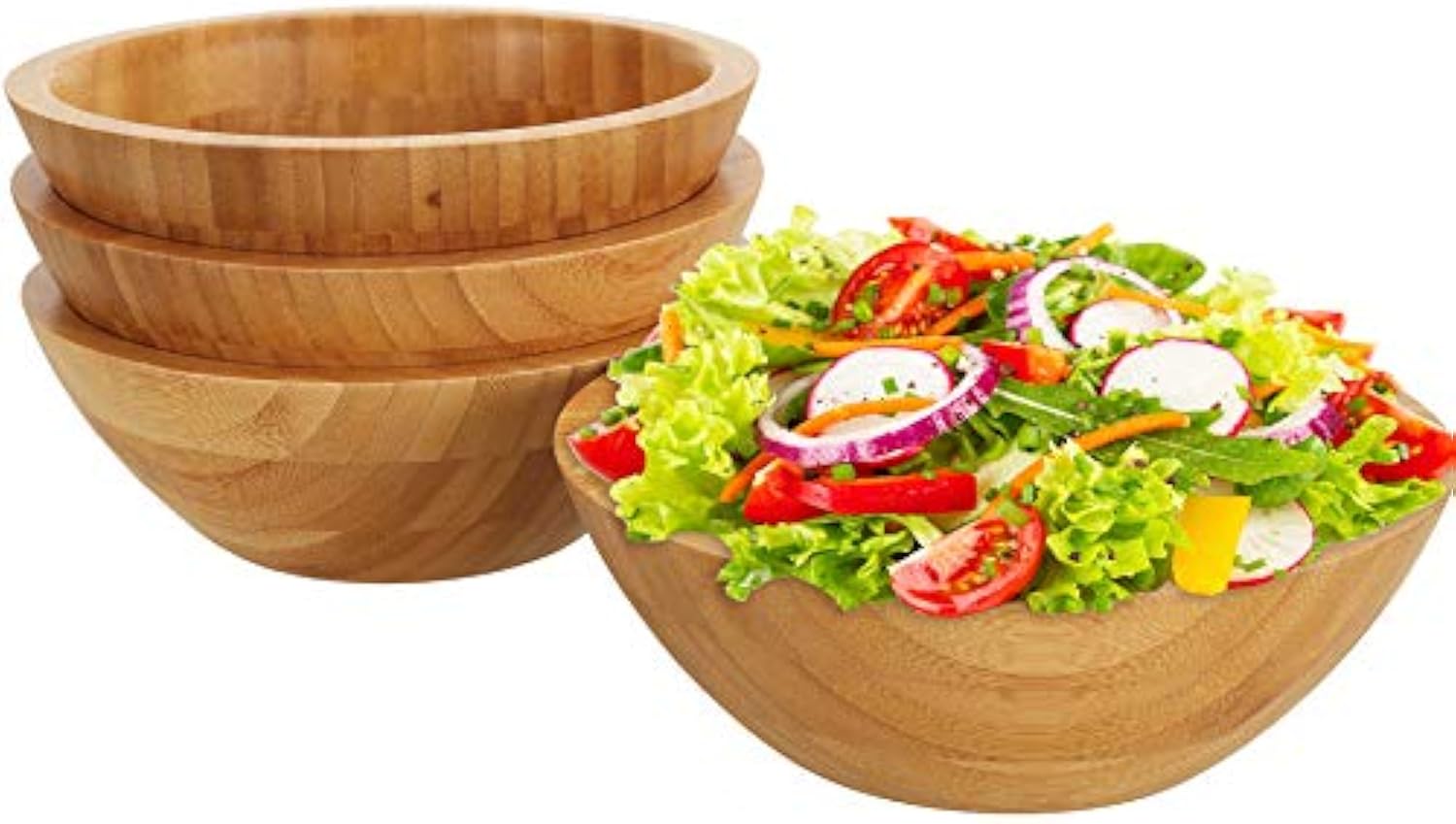 Four bamboo salad bowls with three stacked bowls and one filled with salad