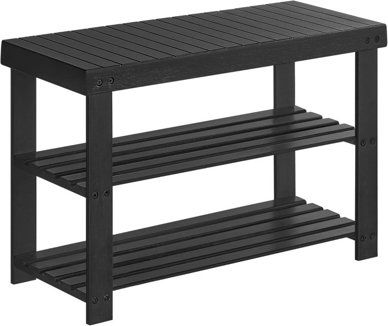 Black bamboo shoe rack bench with a slatted seat and two open shoe shelves