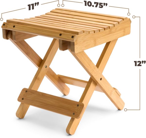 Bamboo folding stool diagram with top dimensions marked 11 by 10.75 inches and height marked 12 inches
