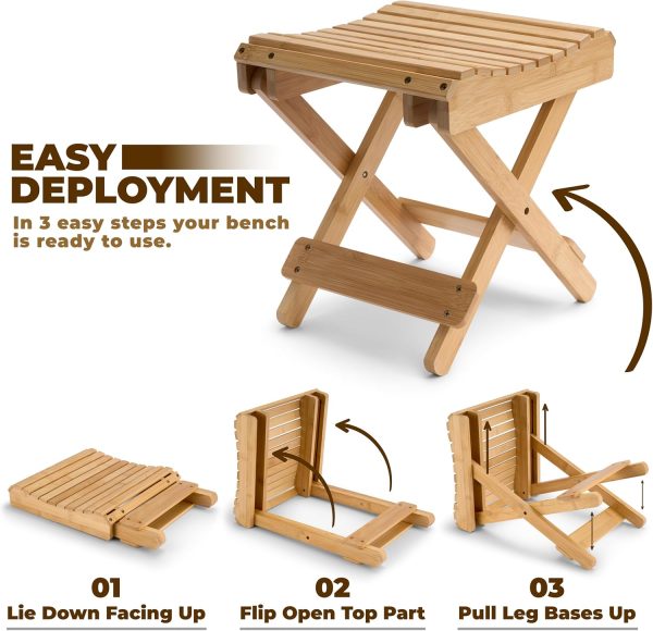 Bamboo folding stool graphic showing the open stool and three positions of the folding mechanism