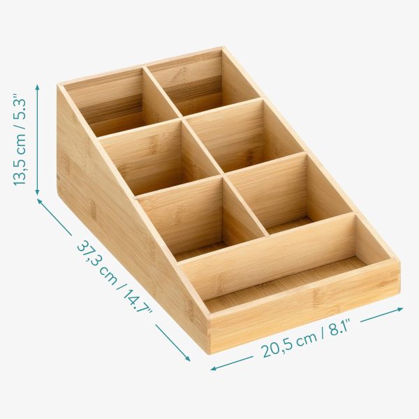 Bamboo coffee organizer dimension guide showing 37.3 cm depth, 20.5 cm width and 13.5 cm height