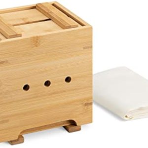 Bamboo tofu maker kit with a slatted press lid, side drainage holes and a folded white cloth
